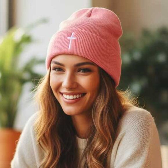 2/$30 Pink Cross Beanie Hat - Picture 4 of 6